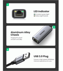 UGREEN USB 3.0 to RJ45 Ethernet Adapter Aluminum Case - Space Grey