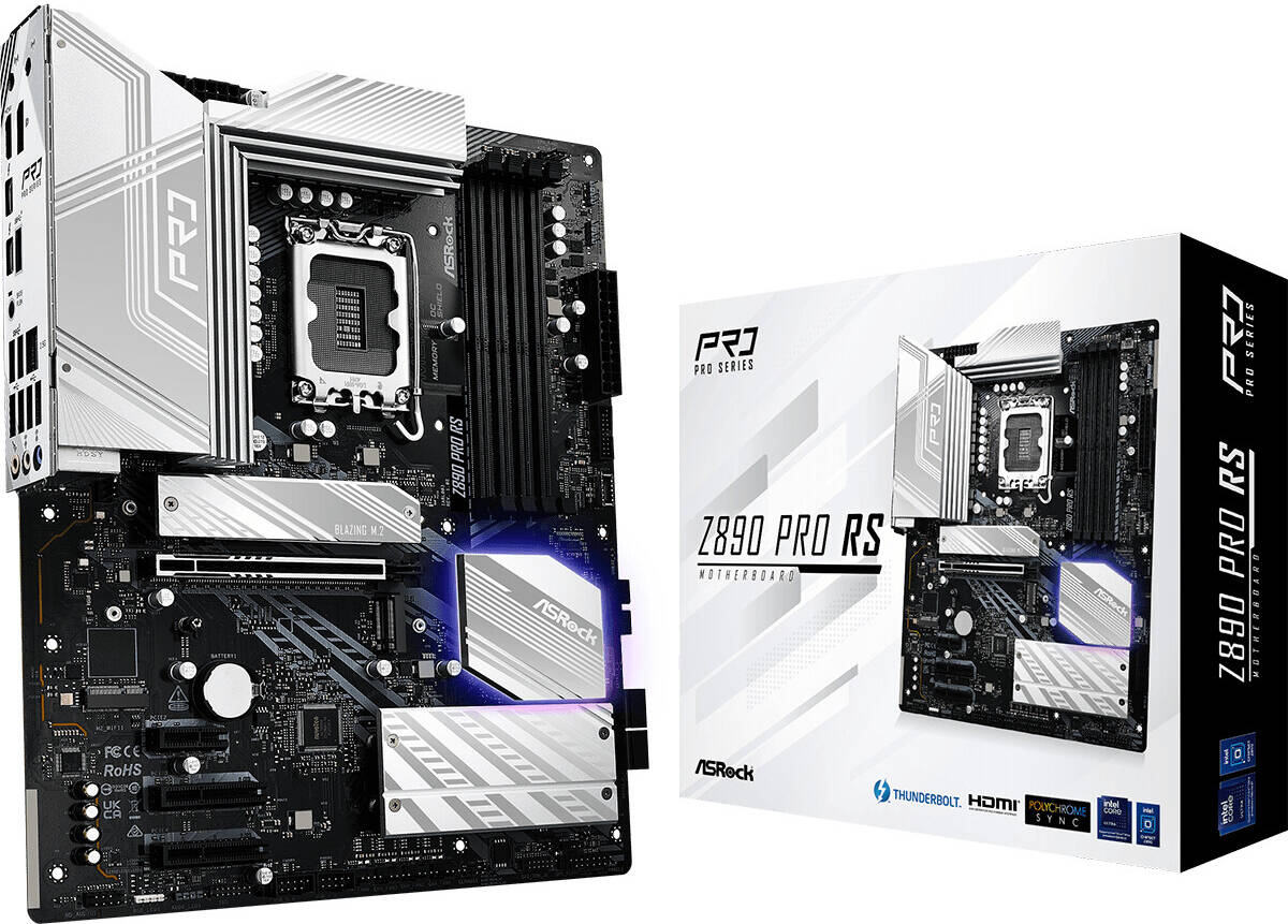 ASRock Z890 Pro RS LGA 1851 ATX Motherboard, Intel Z890 Chipset, 4x DDR5 DIMM Slots, Up to 256GB Max Memory, PCIe Gen5 x16 Slot, 3x Hyper M.2 Sockets