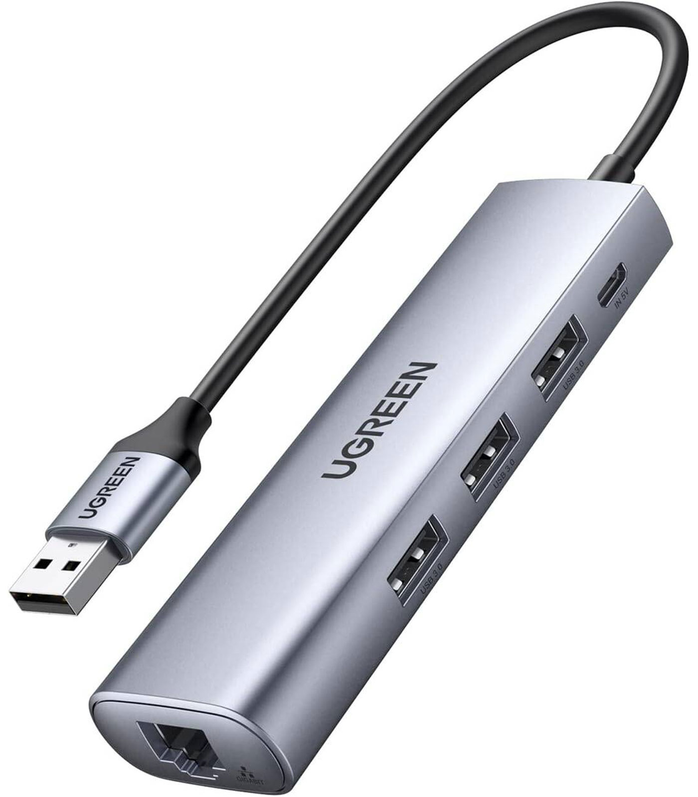 UGREEN 5-in-1 USB-A HUB 3 USB-A 3.0 + RJ45 with Micro USB Power – Gray