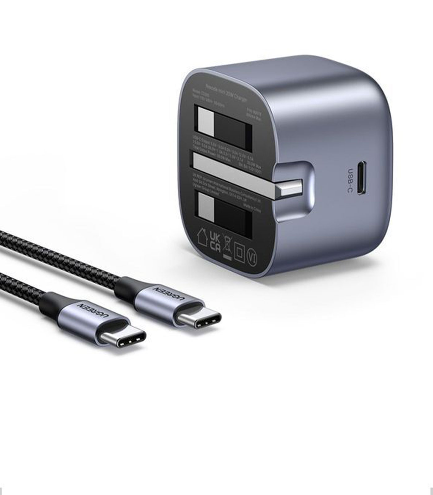 UGREEN Nexode 30W PD GaN USB-C Folding Foot Wall Charger UK with 1m Braided USB-C to USB-C Cable Space Grey