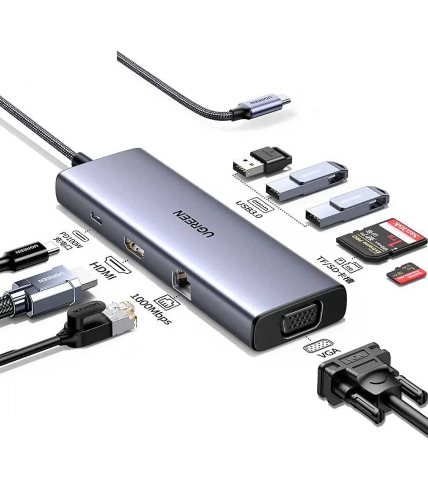 UGREEN 9-in-1 USB-C HUB 3xUSB-A 3.0 + USB-C 100W PD + SD/TF + VGA + RJ45 + 4K HDMI Space Grey